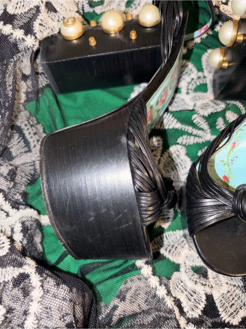 Gucci Black Leather Knotted Platform Sandals with Pearl & Gold Accent